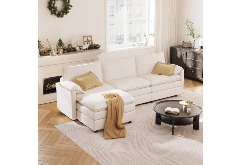 FLEXISPOT Ecksofa 4-Sitzer Sofa Sofabed mit Hocker & Stauraum, inkl. weiße Kuscheldecke, L-förmiges Ecksofa mit Dicke Sofadecke (1,5 x 1,5 m), Modulares Sofa platzsparend für Wohnzimmer Weiß von FLEXISPOT