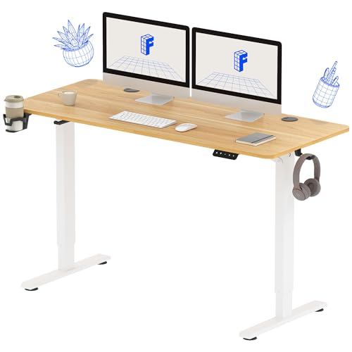 FLEXISPOT Elektrisch Höhenverstellbarer Schreibtisch 140 x 60 cm - mit Haken/Flaschenhalter - Memory-Handsteuerung - Sitz-Stehpult für Büro & Home-Office (weiß, ahorn Gestell) von FLEXISPOT