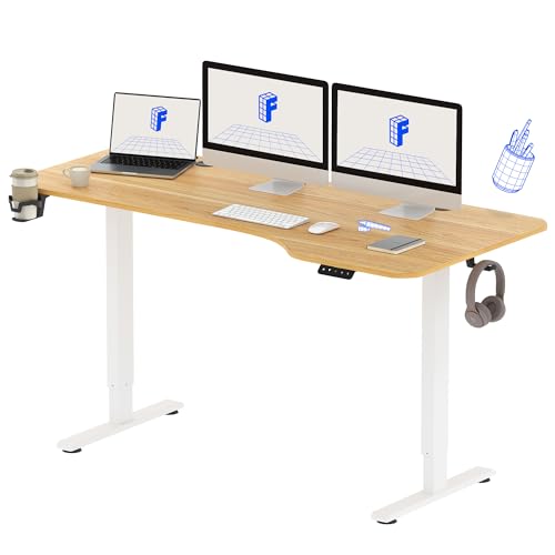 FLEXISPOT Elektrisch Höhenverstellbarer Schreibtisch 160 x 75 cm - mit Haken/Flaschenhalter - Memory-Handsteuerung - Sitz-Stehpult für Büro & Home-Office (weiß, ahorn Gestell) von FLEXISPOT