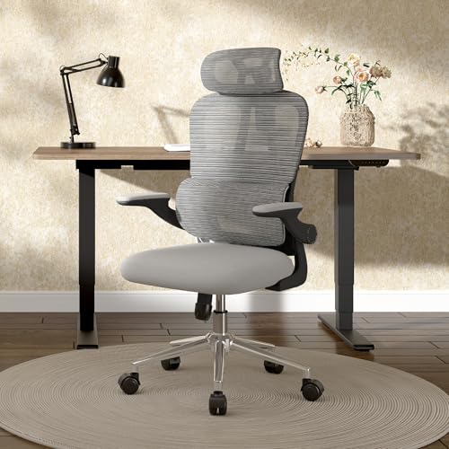 FLEXISPOT Ergonomischer Bürostuhl mit 3D-Armlehnen, Schreibtischstuhl mit verstellbarer Rückenlehne & Lendenwirbelstütze - Drehstuhl mit Rollen Schwammsitz, Grau von FLEXISPOT