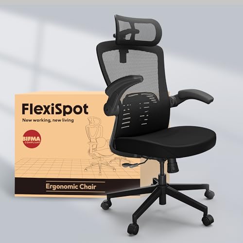 FLEXISPOT Ergonomischer Bürostuhl mit 3D-Kopfstütze und höhenverstellbarer Rückenlehne, hochklappbaren PU-Armlehnen, W-förmigem Foam Sitz, 135° Rückenverstellung, bis 150 kg belastbar (Schwarz) von FLEXISPOT