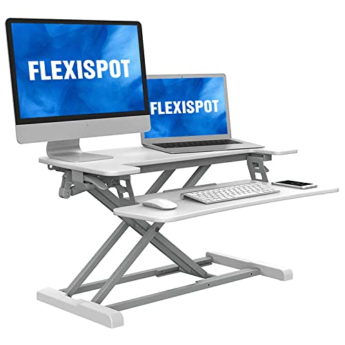 FLEXISPOT Höhenverstellbar Schreibtischaufsatz Büro Sitz Steh Computertisch 88 * 42 cm Stehpult mit Tastaturablage, Geeignet für Zwei Monitore, Weiß von FLEXISPOT