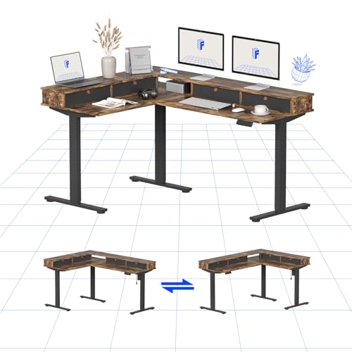 FLEXISPOT Höhenverstellbarer Schreibtisch Elektrisch, Höhenverstellbarer L-förmiger Schreibtisch mit flexiblem Design und Stauraum, Eckschreibtisch mit Schublade(Braun) von FLEXISPOT