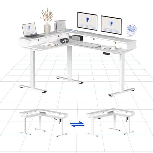 FLEXISPOT Höhenverstellbarer Schreibtisch Elektrisch, Höhenverstellbarer L-förmiger Schreibtisch mit flexiblem Design und Stauraum, Eckschreibtisch mit Schublade(Weiß) von FLEXISPOT