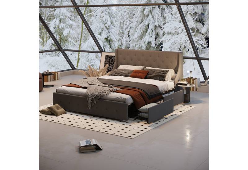 FLEXISPOT Polsterbett mit 4 Schubladen, Kopfteil & stabilem Lattenrost, Doppelbett 140x200 cm/ 160x200 cm, einfacher Aufbau, Grau von FLEXISPOT