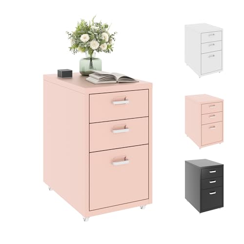 FLEXISPOT Rollcontainer Büroschrank mit 3 Schubladen, Aktenschrank Metallschrank Kommode mit Rädern, Schreibtisch Unterschrank für Zuhause und Büro (Rosa) von FLEXISPOT