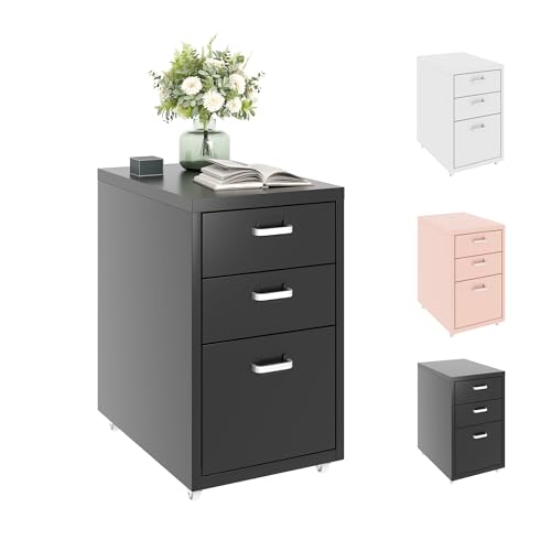 FLEXISPOT Rollcontainer Büroschrank mit 3 Schubladen, Aktenschrank Metallschrank Kommode mit Rädern, Schreibtisch Unterschrank für Zuhause und Büro (Schwarz) von FLEXISPOT