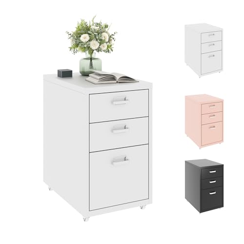 FLEXISPOT Rollcontainer Büroschrank mit 3 Schubladen, Aktenschrank Metallschrank Kommode mit Rädern, Schreibtisch Unterschrank für Zuhause und Büro (Weiß) von FLEXISPOT