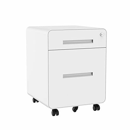 FLEXISPOT Rollcontainer mit 2 Schubladen Kommode weiß rollcontainer Schreibtisch Aktenschrank Büroschrank Unterschrank für Büro Wohnzimmer Schlafzimmer mit Schlüsselschloss und Anti-Kipp-Rad von FLEXISPOT