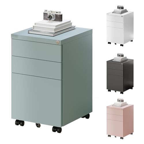 FLEXISPOT Rollcontainer mit 3 Schubladen, mobiler Aktenschrank mit Rollen, Schubladenschrank Büroschrank Schreibtisch Unterschrank mit Schlüsselschloss und Anti Kipp für Büro Zuhause, Grau Blau von FLEXISPOT