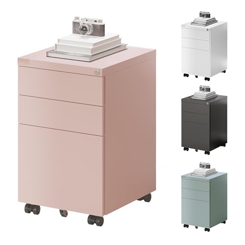 FLEXISPOT Rollcontainer mit 3 Schubladen, mobiler Aktenschrank mit Rollen, Schubladenschrank Büroschrank Schreibtisch Unterschrank mit Schlüsselschloss und Anti Kipp für Büro Zuhause, Rosa von FLEXISPOT