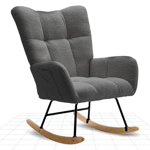 FLEXISPOT Schaukelstuhl mit Hoher Rückenlehne & Armlehnen – Moderner Schwingsessel mit Holzkufen, Gepolsterter Relaxsessel für Wohnzimmer & Schlafzimmer, Bis 120 kg Belastbar Grau von FLEXISPOT