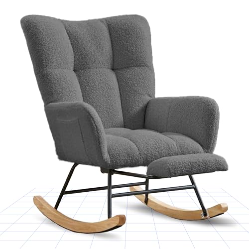 FLEXISPOT Schaukelstuhl mit Hoher Rückenlehne & Fußstütze – Moderner Schwingsessel mit Holzkufen, Gepolsterter Relaxsessel für Wohnzimmer & Schlafzimmer, Bis 120 kg Belastbar Grau von FLEXISPOT