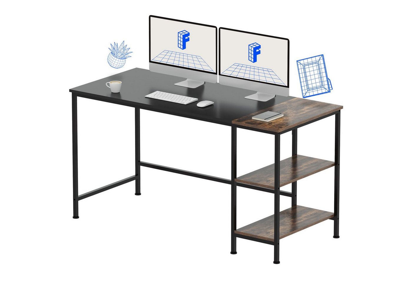 FLEXISPOT Schreibtisch Basic F4 (Home Office PC-Tisch), 2 Tier Lagerregalen, Schreibtisch mit Bücherregal von FLEXISPOT