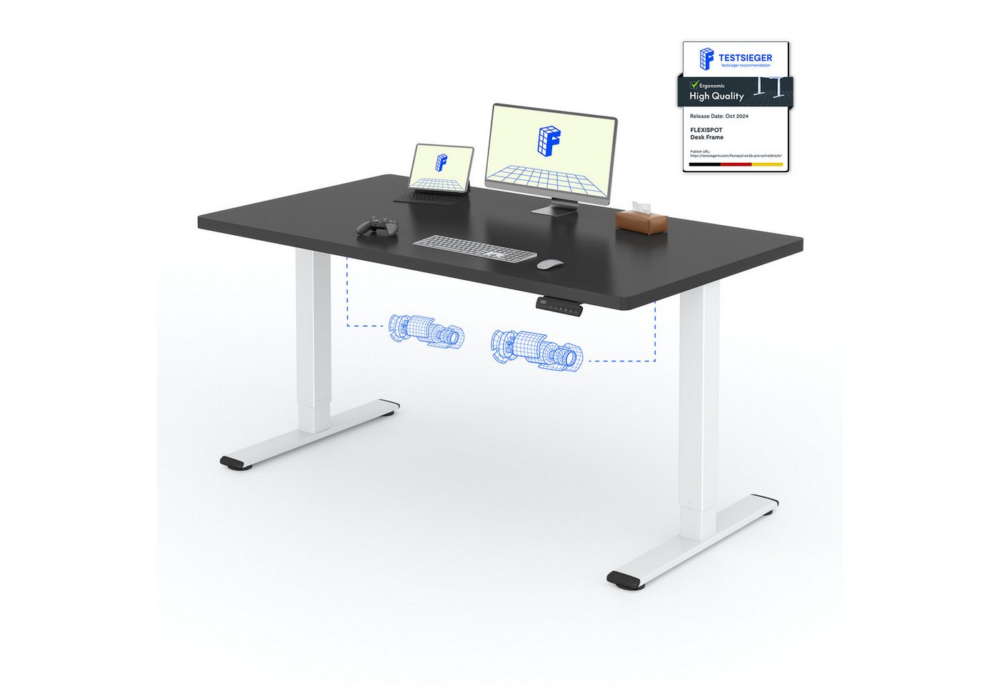 FLEXISPOT Schreibtisch Basic Plus Elektrisch höhenverstellbarer Schreibtisch (2 Motore & 2-Fach-Teleskop & 4 Höhenspeichertasten), MIT 25MM einteiliger Tischplatte, 120/140/160 von FLEXISPOT