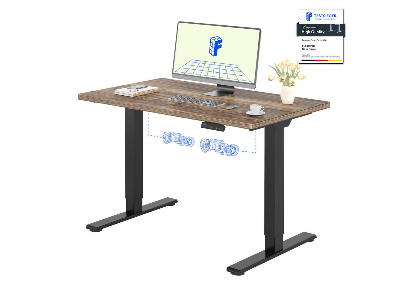 FLEXISPOT Schreibtisch Basic Plus Elektrisch höhenverstellbarer Schreibtisch (2 Motore & 2-Fach-Teleskop & 4 Höhenspeichertasten), MIT 25MM einteiliger Tischplatte, 120/140/160 von FLEXISPOT