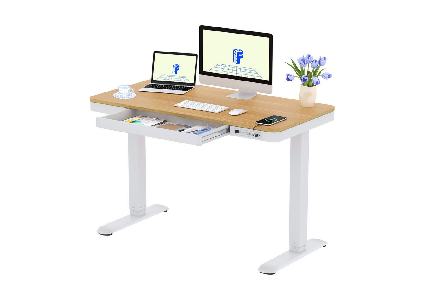 FLEXISPOT Schreibtisch Höhenverstellbarer Schreibtisch MIT Schubladen (mit LED-Höhenanzeige, 4 Speicherhöhen, Anti-Kollisionssystem, USB & Typ-C Anschluss), EINFACHE MONTAGE, leise & ergonomisch von FLEXISPOT