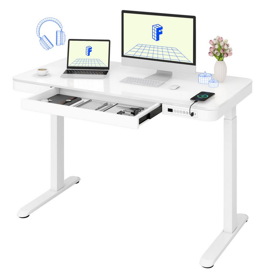 FLEXISPOT Schreibtisch Höhenverstellbarer Schreibtisch mit Glasplatte, Schminktisch (120 x 60 cm, Weiß), mit Schublade & Type-C- und Type-A-Anschluss FLEXISPOT Schreibtisch Höhenverstellbarer Schreibtisch mit Glasplatte, Schminktisch (120 x 60 cm, Weiß), mit Schublade & Type-C- und Type-A-Anschluss von FLEXISPOT