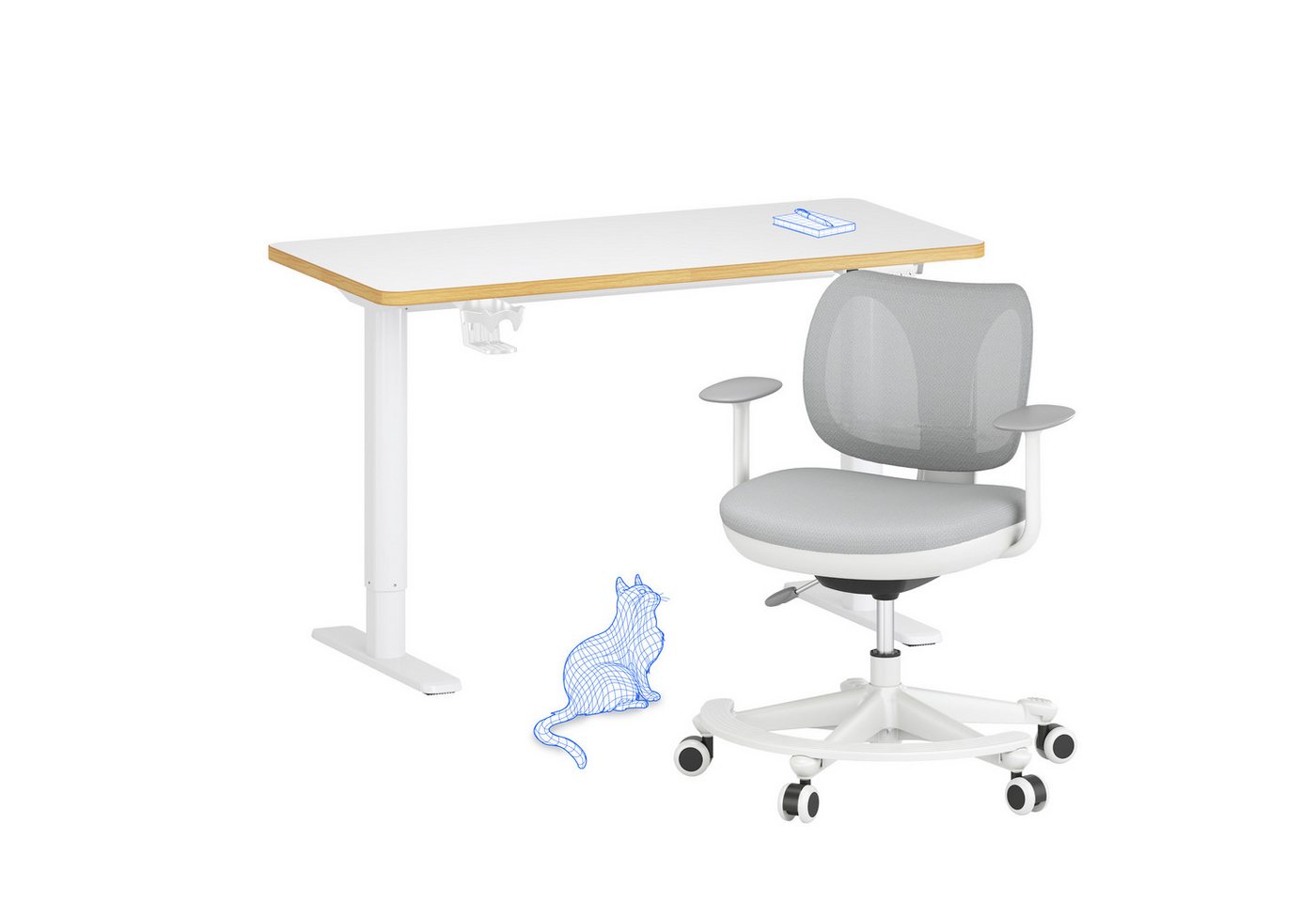 FLEXISPOT Schreibtisch Kinderschreibtisch Höhenverstellbar (16mm Abgerundete Tischecken, LED-Display & 3 Speichertaste), MIT 2xHaken& 1xBecherhalter, Kindertisch Stuhl Set von FLEXISPOT