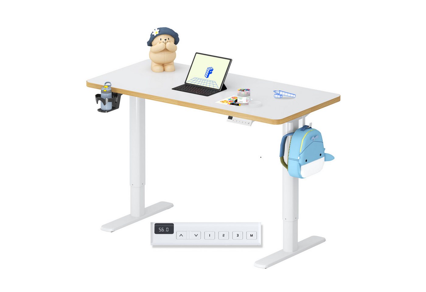 FLEXISPOT Schreibtisch Kinderschreibtisch Höhenverstellbar 120 x 60 CM (16mm Abgerundete Tischecken, LED-Display & 3 Speichertaste), MIT 2xHaken& 1xBecherhalter, Kindersicherung von FLEXISPOT
