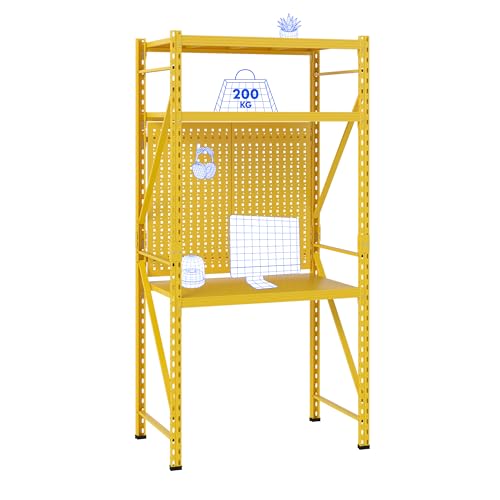 FLEXISPOT Werkbank & Schreibtisch mit Regal und Lochwand – Stabiler Werkzeugtisch, bis 200 kg belastbar, vielseitig nutzbar in Werkstatt, Büro, Lager oder Zuhause (Gelb) von FLEXISPOT