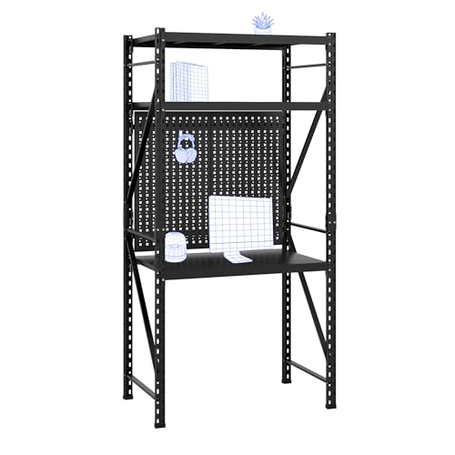 FLEXISPOT Werkbank & Schreibtisch mit Regal und Lochwand – Stabiler Werkzeugtisch, bis 200 kg belastbar, vielseitig nutzbar in Werkstatt, Büro, Lager oder Zuhause (Schwarz) von FLEXISPOT