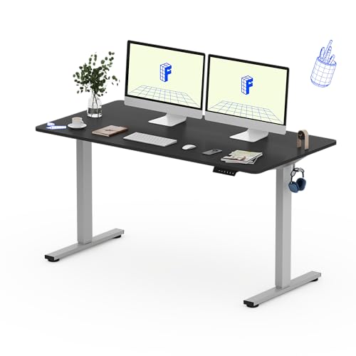 FLEXISPOT Höhenverstellbarer Schreibtisch 160×80cm, mit Haken und 25mm EINTEILIGER Tischplatte, ergonomischer Schreibtisch mit LED-Höhenanzeige und Memory-Funktion (Schwarz, Grau) von FLEXISPOT