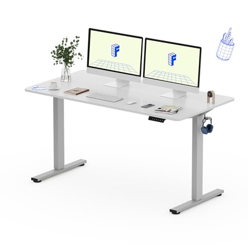 FLEXISPOT Höhenverstellbarer Schreibtisch 160×80cm, mit Haken und 25mm EINTEILIGER Tischplatte, ergonomischer Schreibtisch mit LED-Höhenanzeige und Memory-Funktion (Weiß, Grau) von FLEXISPOT