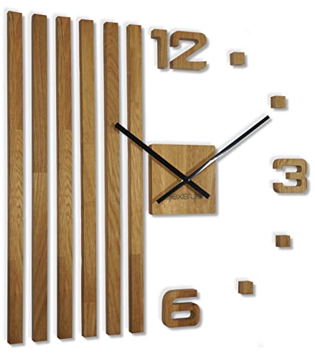 3D Wanduhren DIY Holz Eiche Lamellen große 60 cm 3D Wanduhr Modern Design EKO Wandtattoo Dekoration Uhren für Büro Wohnzimmer Schlafzimmer Dekoartikel Quarzuhr (Schwarze Zeiger) von FLEXISTYLE
