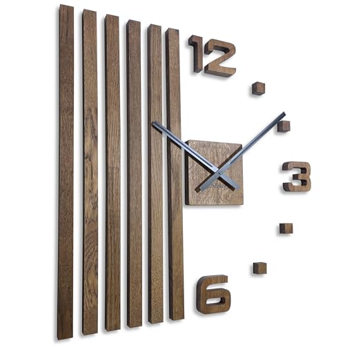 FLEXISTYLE 3D Wanduhren DIY Holz Eiche Lamellen große Wanduhr 60 cm 3D Wanduhr Modern Design EKO Wanduhren Wandtattoo Dekoration Uhren für Büro Wohnzimmer Schlafzimmer (Braun, Schwarze Zeiger) von FLEXISTYLE