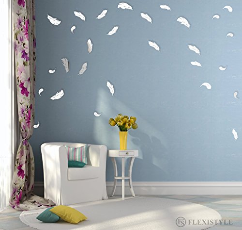 FLEXISTYLE Dekorativer Spiegel Feathers, modernes Design Dekoration, 3mm Acryl-Spiegel aus der EU, Wohnzimmer, Schlafzimmer, Flur, unzerbrechlich, DIY-Heimtextilien, Silber, hergestellt in der EU von FLEXISTYLE