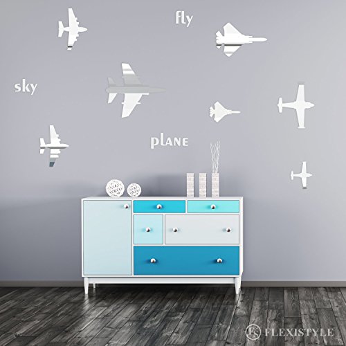 FLEXISTYLE Dekorativer Spiegel Planes, modernes Design Dekoration, 3mm Acryl-Spiegel aus der EU, Wohnzimmer, Schlafzimmer, Flur, unzerbrechlich, DIY-Heimtextilien, Silber, hergestellt in der EU von FLEXISTYLE