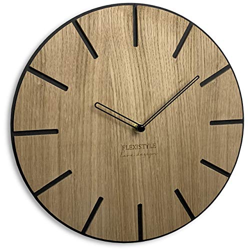 FLEXISTYLE EKO wanduhr ohne tickgeräusche Holz Eiche rund Wood Art Schwarz 30 cm, Wohnzimmer, Schlafzimmer, in EU hergestellt von FLEXISTYLE