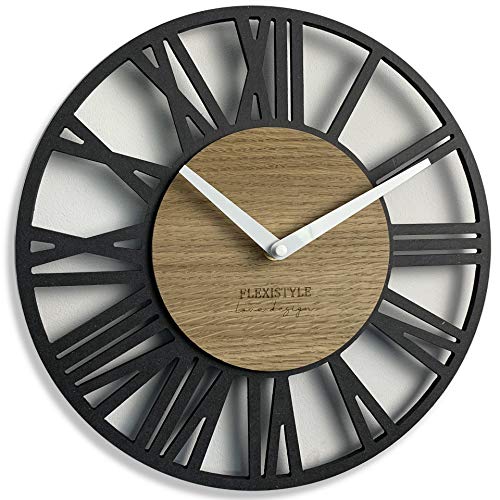 FLEXISTYLE EKO wanduhr ohne tickgeräusche LOFT Piccolo 30cm, Wohnzimmer, Schlafzimmer, in EU hergestellt (Grau und Eiche) von FLEXISTYLE