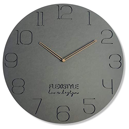 FLEXISTYLE Groß wanduhr ohne tickgeräusche ECO Grau 50cm, Wohnzimmer, Schlafzimmer, in Europa hergestellt von FLEXISTYLE