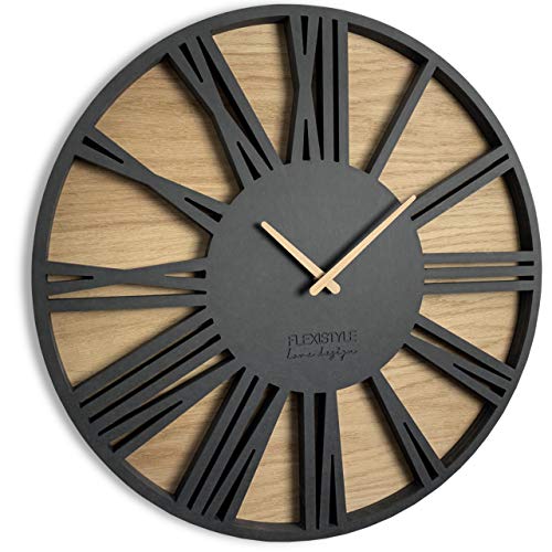 FLEXISTYLE Groß wanduhr ohne tickgeräusche Roman LOFT Schwarz 50cm, Wohnzimmer, Schlafzimmer, in EU hergestellt von FLEXISTYLE