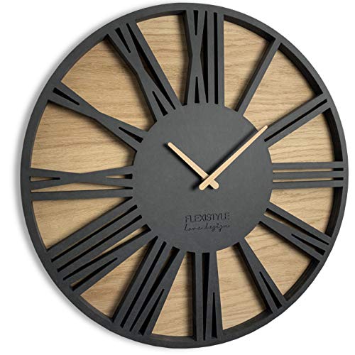 FLEXISTYLE z213-2 Groß wanduhr ohne tickgeräusche Roman LOFT Schwarz 50cm, Wohnzimmer, Schlafzimmer, in EU hergestellt von FLEXISTYLE