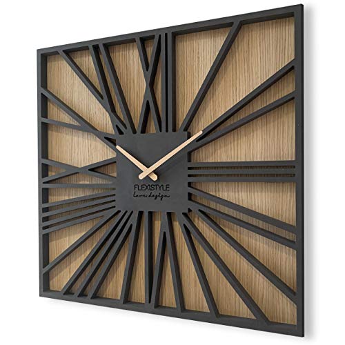 FLEXISTYLE Groß wanduhr quadratisch ohne tickgeräusche Square LOFT Eiche Schwarz 50cm, Wohnzimmer, Schlafzimmer, in EU hergestellt von FLEXISTYLE