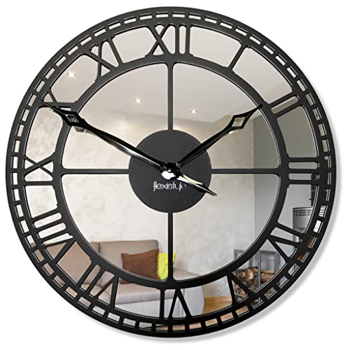 FLEXISTYLE Große Metallwanduhr Spiegel ohne tickgeräusche Vintage Retro 50cm Durchmesser ohne Ticken von FLEXISTYLE