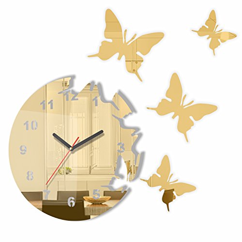 FLEXISTYLE Große Moderne Wanduhr Schmetterling Goldspiegel rund 30cm, 3D DIY, Wohnzimmer, Schlafzimmer, Kinderzimmer von FLEXISTYLE