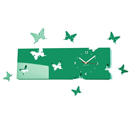 FLEXISTYLE Große Moderne Wanduhr Schmetterling Grün Querformat 20 x 60 cm, 3D DIY, Wohnzimmer, Schlafzimmer, Kinderzimmer von FLEXISTYLE