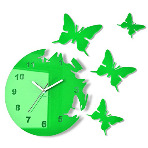 FLEXISTYLE z4c_6 Große Moderne Wanduhr Schmetterling Grün rund 30cm, 3D DIY, Wohnzimmer, Schlafzimmer, Kinderzimmer von FLEXISTYLE