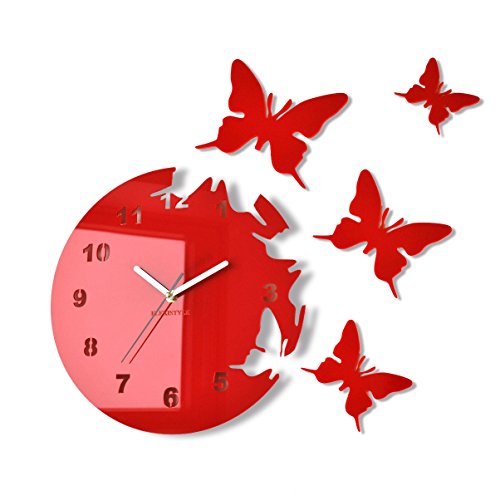 FLEXISTYLE z4c_3 Große Moderne Wanduhr Schmetterling Rot rund 30cm, 3D DIY, Wohnzimmer, Schlafzimmer, Kinderzimmer von FLEXISTYLE