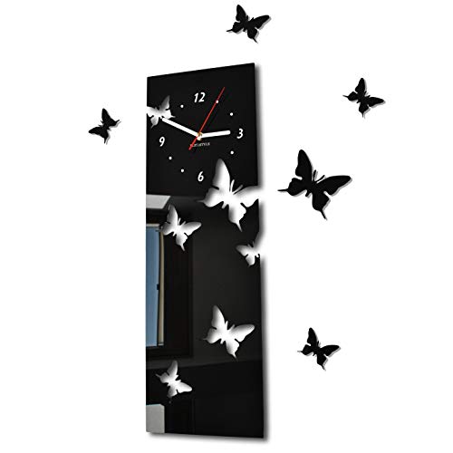 FLEXISTYLE Große Moderne Wanduhr Schmetterling Schwarz (vertikal) Querformat 60 x 20 cm, 3D DIY, Wohnzimmer, Schlafzimmer, Kinderzimmer von FLEXISTYLE