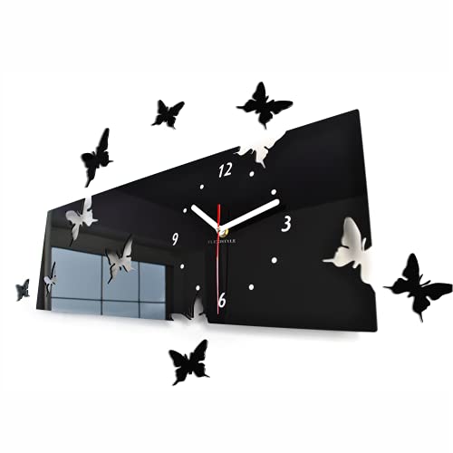 FLEXISTYLE Große Moderne Wanduhr Schmetterling Schwarz Querformat 20 x 60 cm, 3D DIY, Wohnzimmer, Schlafzimmer, Kinderzimmer von FLEXISTYLE