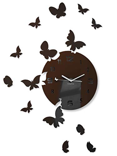 FLEXISTYLE Große Moderne Wanduhr Schmetterling rund 30cm, 15 Schmetterlinge, Wohnzimmer, Schlafzimmer, Kinderzimmer, Produkt in der EU hergestellt (Dunkelbraun (wenge)) von FLEXISTYLE