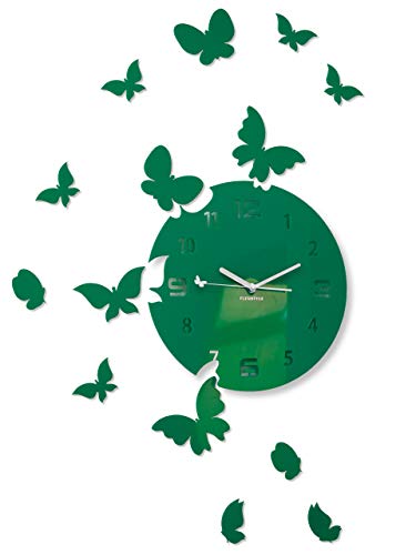 FLEXISTYLE Große Moderne Wanduhr Schmetterling rund 30cm, 15 Schmetterlinge, Wohnzimmer, Schlafzimmer, Kinderzimmer, Produkt in der EU hergestellt (Dunkelgrün), z4g-6a von FLEXISTYLE