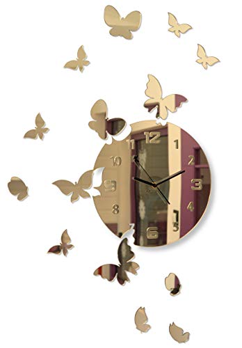 FLEXISTYLE Große Moderne Wanduhr Schmetterling rund 30cm, 15 Schmetterlinge, Wohnzimmer, Schlafzimmer, Kinderzimmer, Produkt in der EU hergestellt (Goldspiegel) von FLEXISTYLE