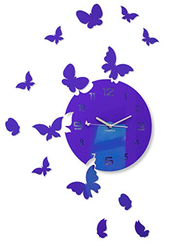 FLEXISTYLE Große Moderne Wanduhr Schmetterling rund 30cm, 15 Schmetterlinge, Wohnzimmer, Schlafzimmer, Kinderzimmer, Produkt in der EU hergestellt (Lila (Blaubeere)) von FLEXISTYLE