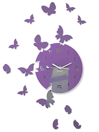 FLEXISTYLE Große Moderne Wanduhr Schmetterling rund 30cm, 15 Schmetterlinge, Wohnzimmer, Schlafzimmer, Kinderzimmer, Produkt in der EU hergestellt (Lila (Milka)) von FLEXISTYLE